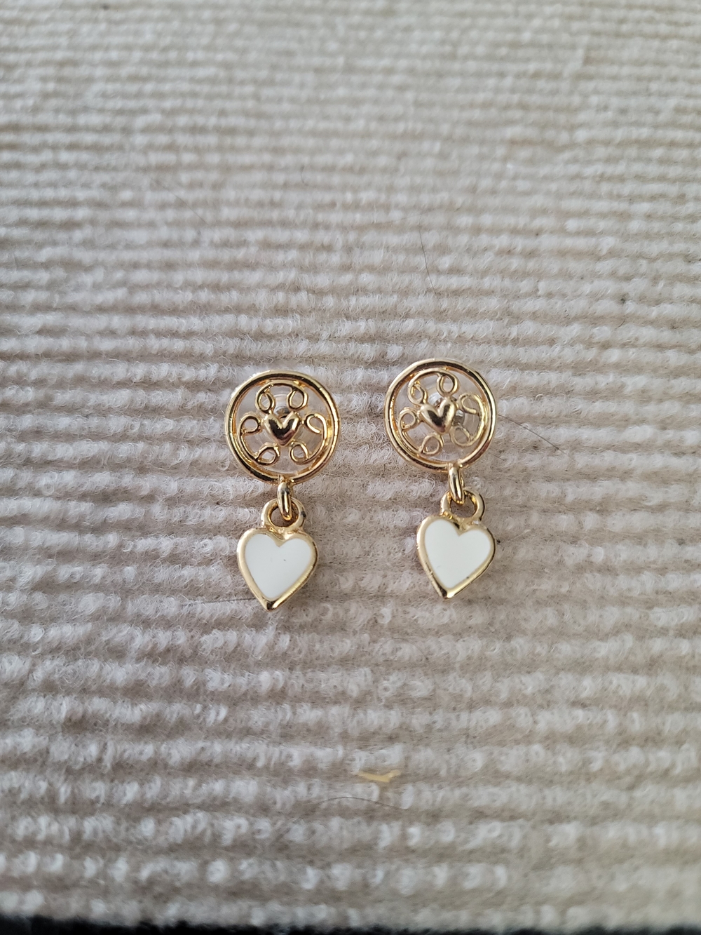 Gold Heart Drop Earrings with White Enamel Accents